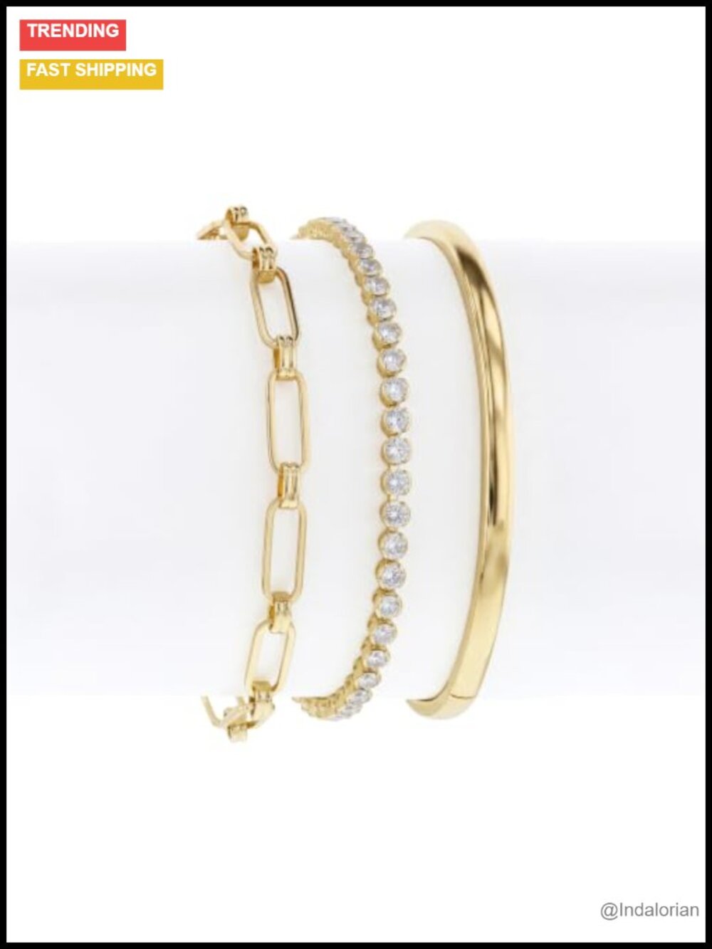 14K Yellow Gold Plated Waterproof CZ Bangle Bracelet Set Paperclip Chain